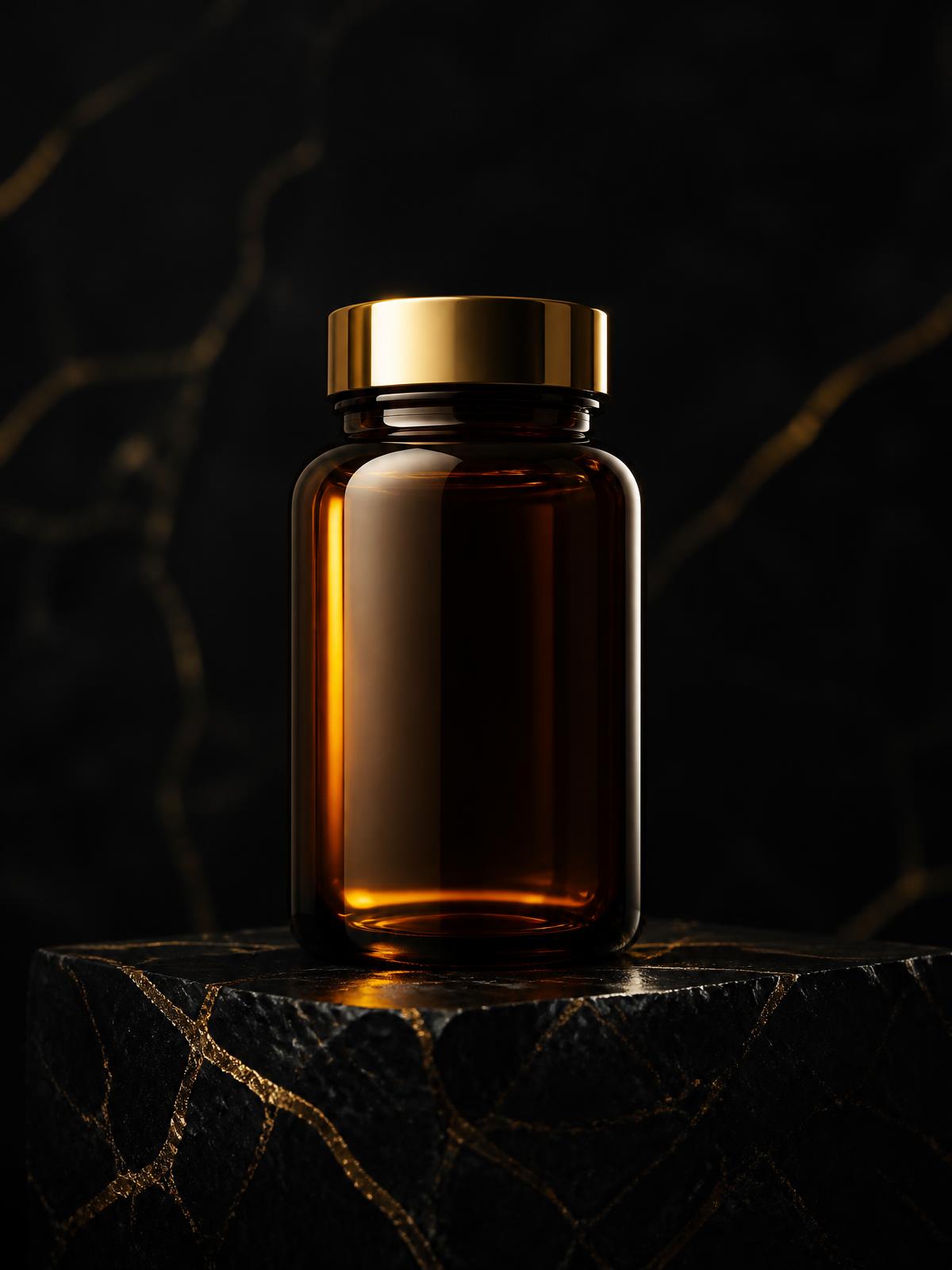 Signature amber apothecary bottle with polished gold cap